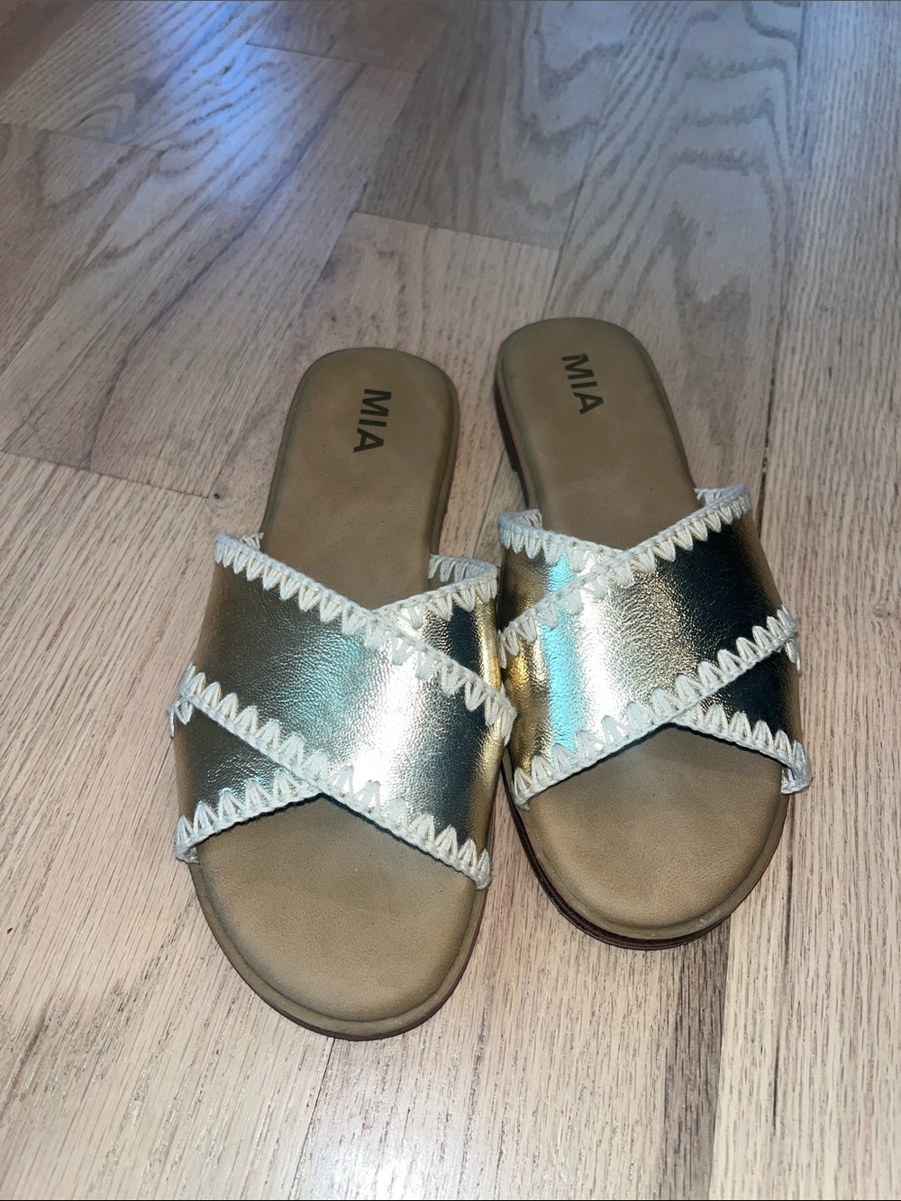MIA Metallic Gold Crisscross Slide Sandals with White Stitching